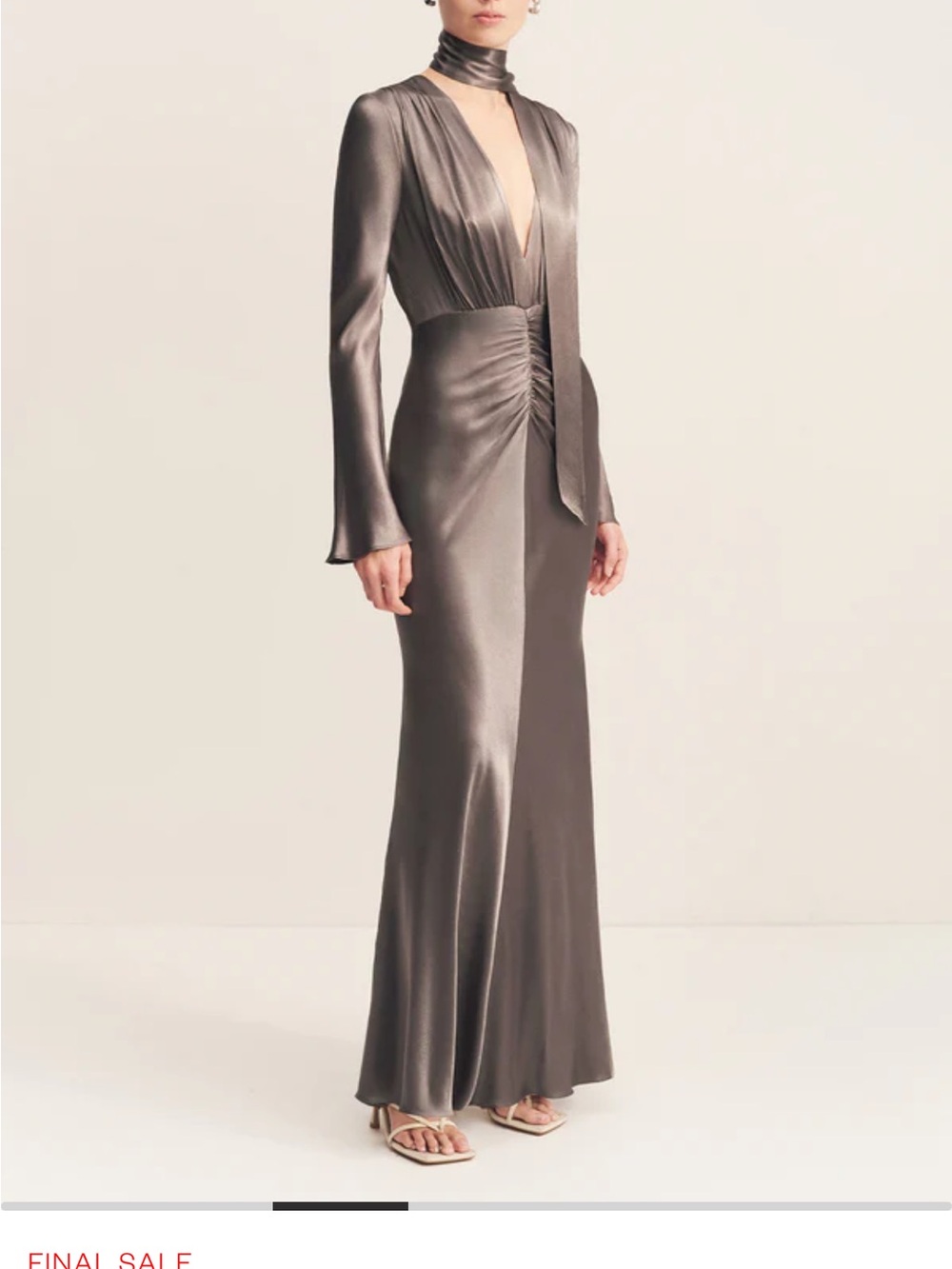 Shona Joy Metallic Gray Satin Maxi Dress with Neck Tie